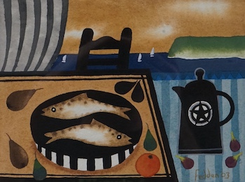 After Mary Fedden (1915-2012), watercolour and gouache, coastal table top still life, bears signature and date 2003, 15.5 x 21cm. Condition - good